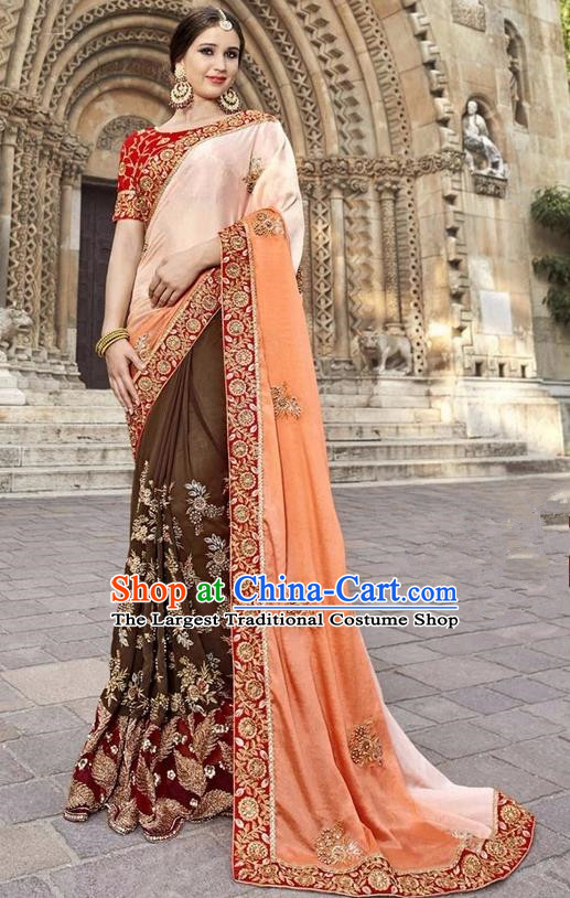 Asian India Traditional Embroidered Brown Sari Dress Indian Bollywood Court Bride Costume Complete Set for Women