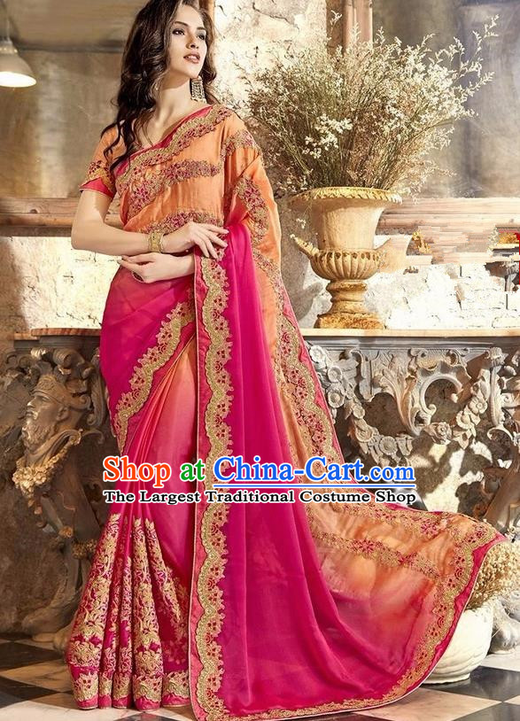 Asian India Traditional Court Princess Embroidered Rosy Sari Dress Indian Bollywood Bride Costume for Women