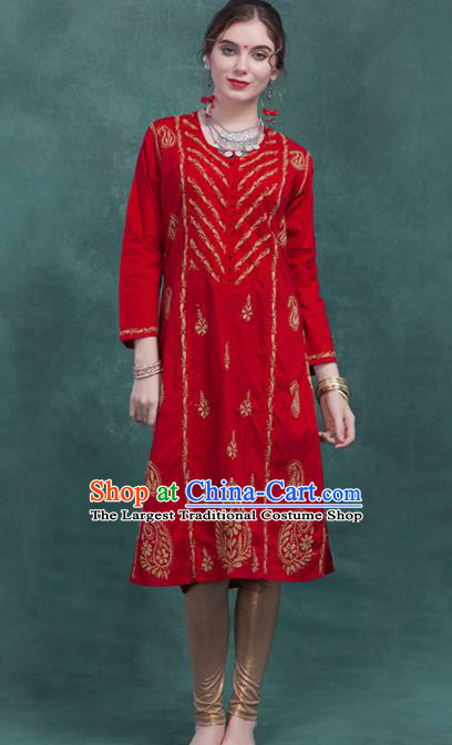 South Asian India Traditional Red Dress Costume Asia Indian National Punjabi Suit for Women