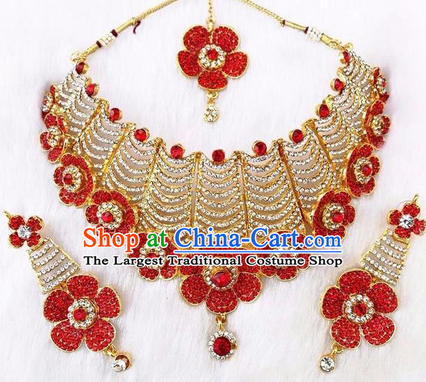 South Asian India Traditional Jewelry Accessories Indian Bollywood Red Crystal Necklace Earrings Hair Clasp for Women