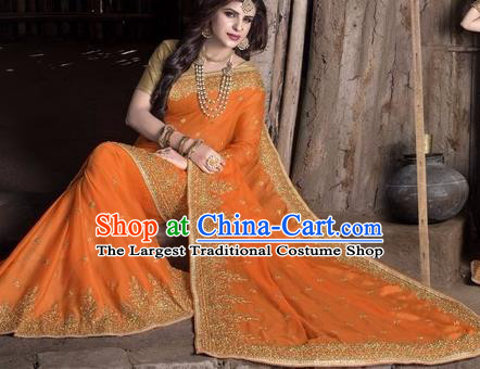 Asian India Traditional Orange Sari Dress Indian Court Princess Bollywood Embroidered Costume for Women