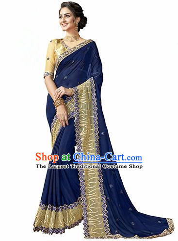 Indian Traditional Navy Sari Dress Asian India Bollywood Royal Princess Embroidered Costume for Women