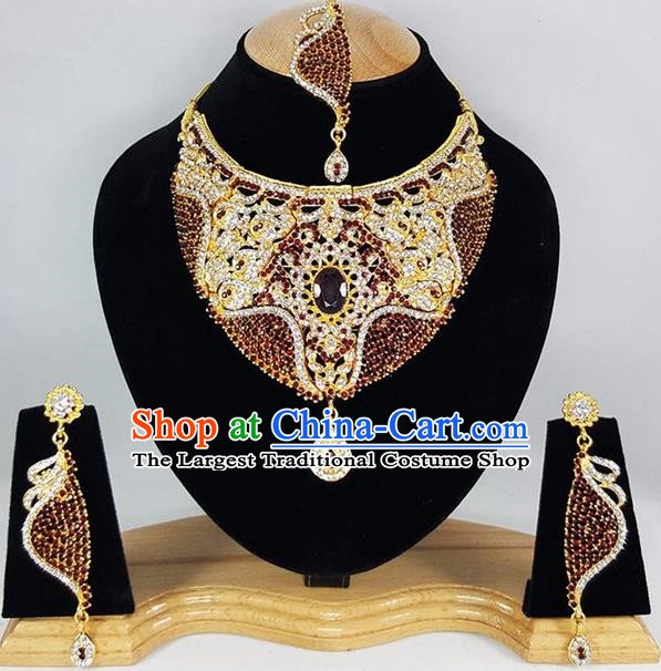 Indian Traditional Bollywood Court Purple Crystal Necklace Earrings and Eyebrows Pendant India Princess Jewelry Accessories for Women