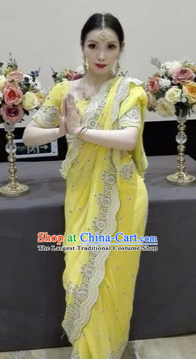 Indian Traditional Bollywood Yellow Sari Dress Asian India Royal Princess Embroidered Costume for Women