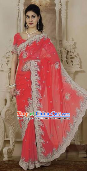 Indian Traditional Bollywood Watermelon Red Veil Sari Dress Asian India Royal Princess Embroidered Costume for Women