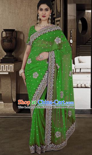 Indian Traditional Bollywood Green Veil Sari Dress Asian India Royal Princess Embroidered Costume for Women
