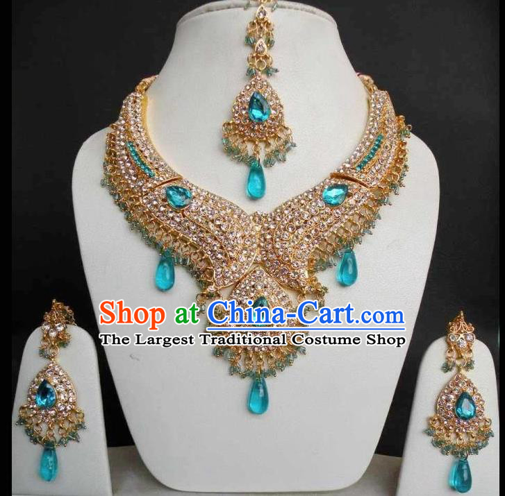 Traditional Indian Bollywood Jewelry Accessories India Princess Blue Crystal Necklace Earrings and Eyebrows Pendant for Women