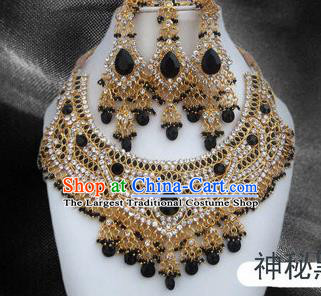 Traditional Indian Wedding Accessories Bollywood Black Crystal Necklace Earrings and Hair Clasp for Women