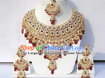 Traditional Indian Wedding Accessories Bollywood Princess Red Beads Necklace Earrings and Hair Clasp for Women