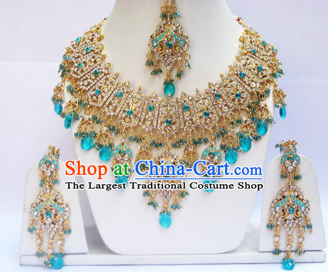 Traditional Indian Wedding Blue Beads Accessories Bollywood Princess Necklace Earrings and Hair Clasp for Women