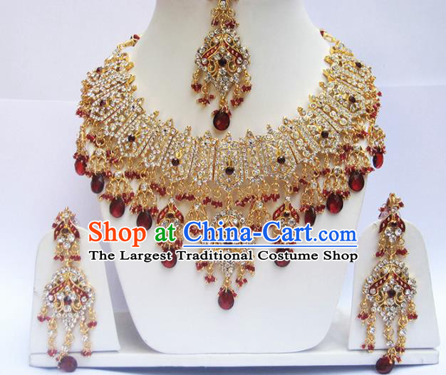 Traditional Indian Wedding Red Beads Accessories Bollywood Princess Necklace Earrings and Hair Clasp for Women