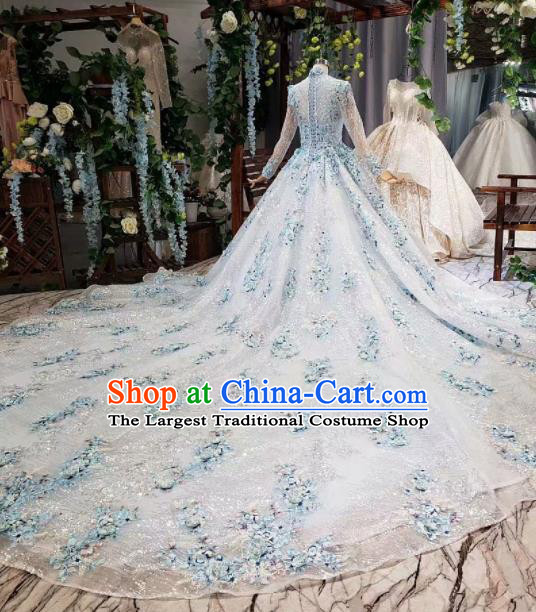 Top Grade Customize Bride Embroidered Blue Flowers Trailing Full Dress Court Princess Wedding Costume for Women