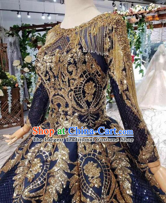 Top Grade Customize Golden Sequins Royalblue Full Dress Court Princess Waltz Dance Costume for Women