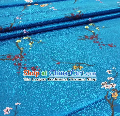 Chinese Traditional Hanfu Silk Fabric Classical Plum Blossom Pattern Design Blue Brocade Tang Suit Fabric Material