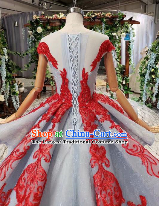 Top Grade Customize Embroidered Red Lace Trailing Full Dress Court Princess Waltz Dance Costume for Women
