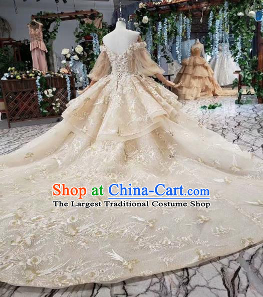 Top Grade Customize Bride Embroidered Beige Veil Trailing Full Dress Court Princess Wedding Costume for Women