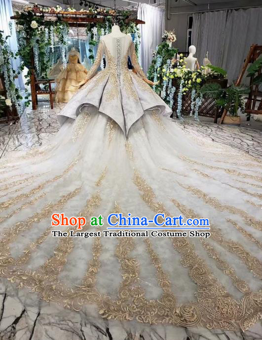 Top Grade Customize Embroidered Grey Trailing Full Dress Court Princess Waltz Dance Costume for Women