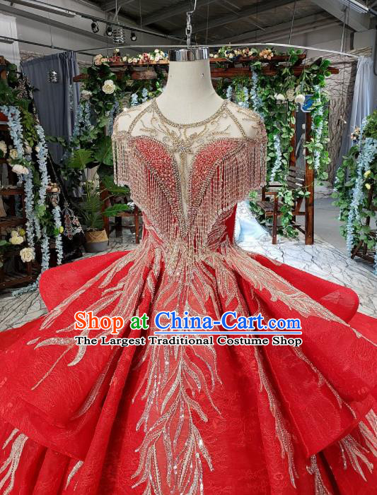 Top Grade Customize Embroidered Red Trailing Full Dress Court Princess Waltz Dance Costume for Women