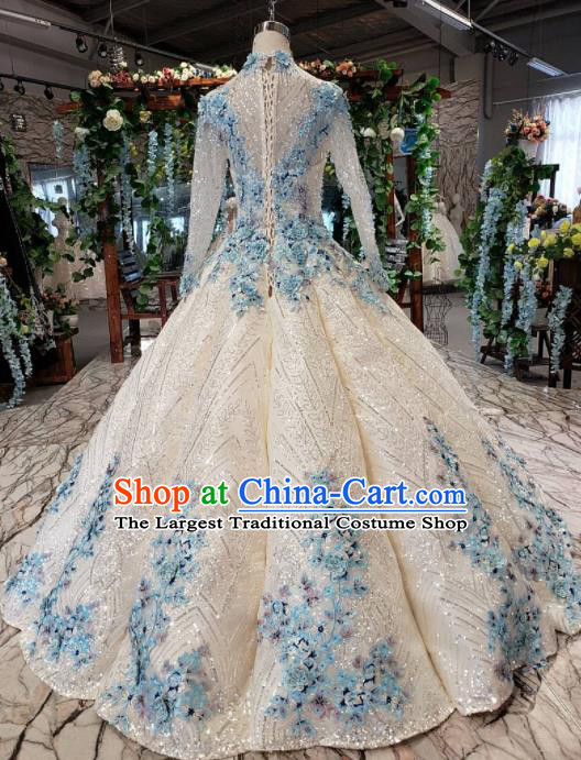 Handmade Customize Bride Embroidered Blue Flowers Trailing Full Dress Court Princess Wedding Costume for Women