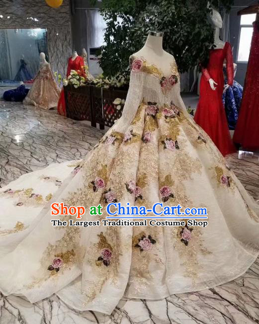 Customize Handmade Princess Embroidered Roses Mullet Dress Wedding Court Bride Costume for Women