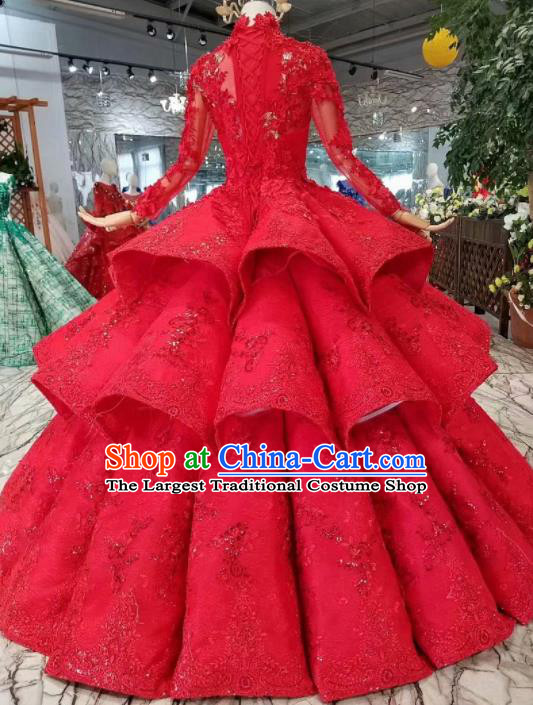Top Grade Customize Catwalks Red Lace Full Dress Court Princess Waltz Dance Costume for Women