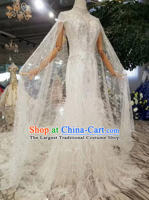 Customize Handmade Princess White feather Fishtail Dress Wedding Court Bride Costume for Women