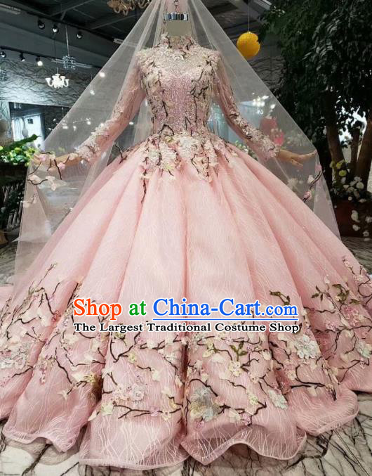 Top Grade Customize Catwalks Embroidered Pink Full Dress Court Princess Waltz Dance Costume for Women