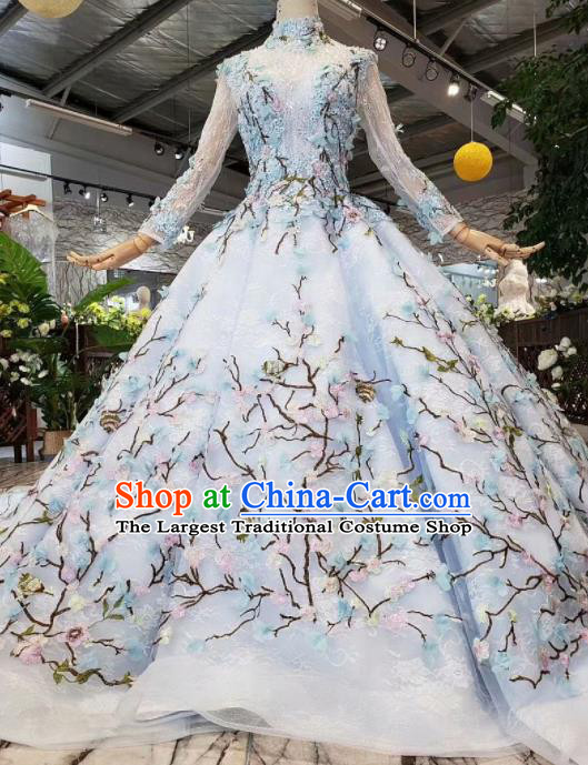 Top Grade Customize Catwalks Embroidered Blue Full Dress Court Princess Waltz Dance Costume for Women