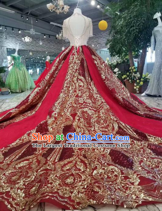 Top Grade Customize Catwalks Embroidered Wine Red Full Dress Court Princess Waltz Dance Costume for Women