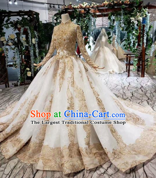 Handmade Customize Embroidered Court Trailing Wedding Dress Princess Bride Costume for Women