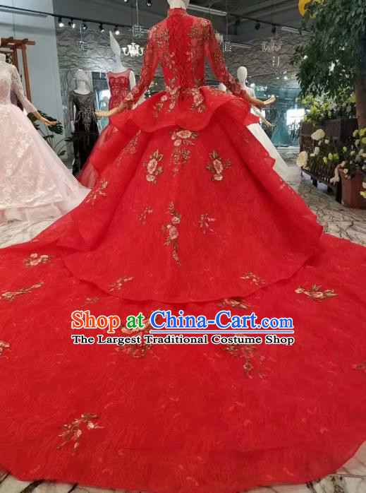 Top Grade Customize Catwalks Red Veil Trailing Full Dress Court Princess Waltz Dance Costume for Women