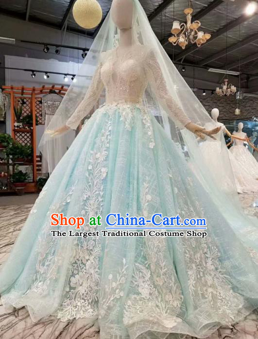 Top Grade Customize Catwalks Blue Veil Trailing Full Dress Court Princess Waltz Dance Costume for Women