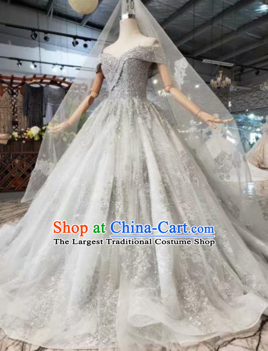 Customize Handmade Princess Grey Veil Trailing Dress Wedding Court Bride Costume for Women