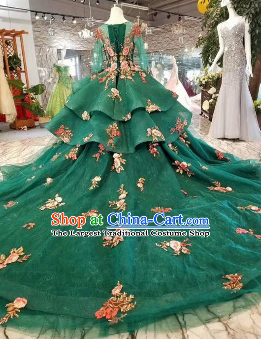 Top Grade Customize Embroidered Peony Green Trailing Full Dress Court Princess Waltz Dance Costume for Women