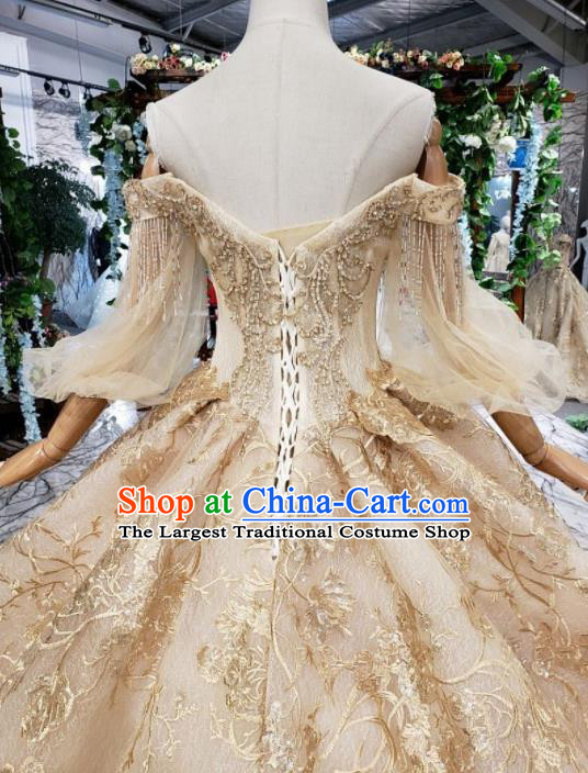 Customize Embroidered Golden Veil Trailing Full Dress Top Grade Court Princess Waltz Dance Costume for Women