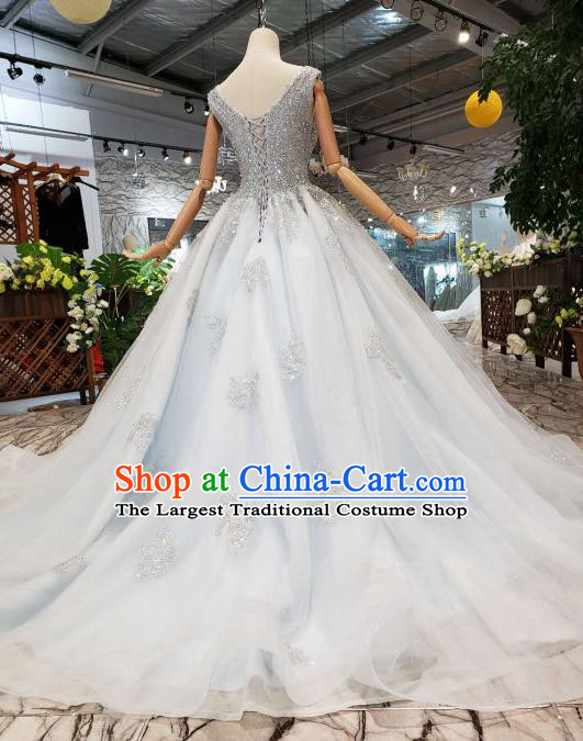 Customize Embroidered Diamante Blue Veil Trailing Full Dress Top Grade Court Princess Waltz Dance Costume for Women