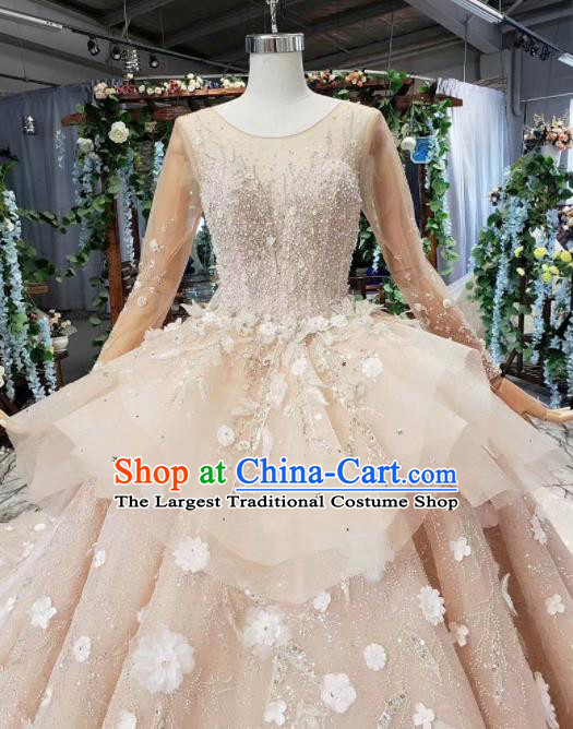 Top Grade Customize Embroidered Flowers Pink Trailing Full Dress Court Princess Waltz Dance Costume for Women