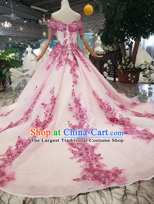 Customize Embroidered Rosy Lace Trailing Full Dress Top Grade Court Princess Waltz Dance Costume for Women