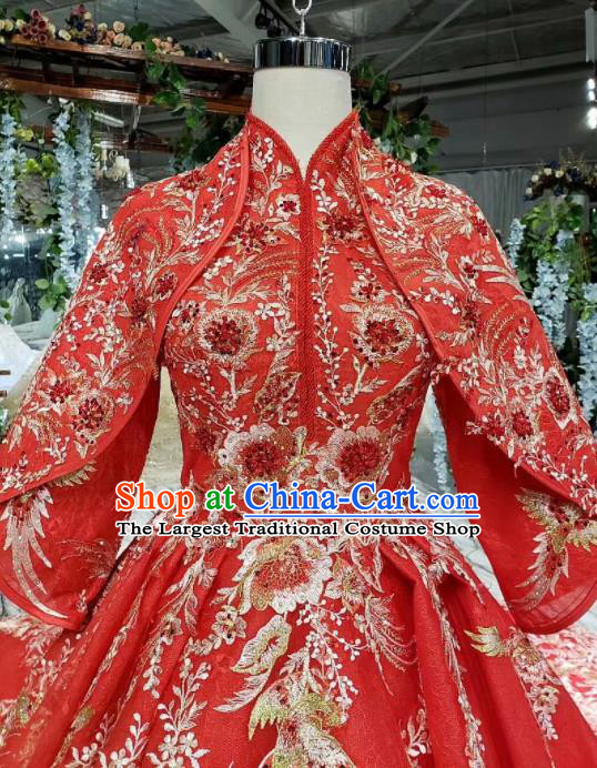 Chinese Customize Embroidered Court Red Trailing Wedding Dress Top Grade Bride Costume for Women