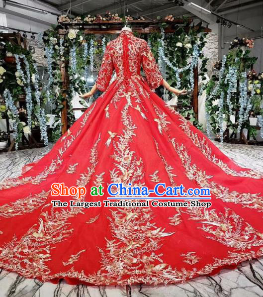 Chinese Customize Embroidered Court Red Trailing Wedding Dress Top Grade Bride Costume for Women