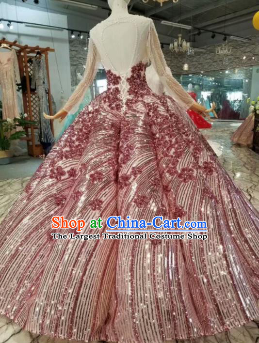 Customize Embroidered Red Sequins Full Dress Top Grade Court Princess Waltz Dance Costume for Women