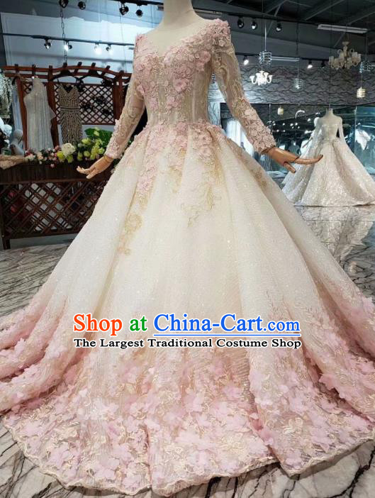 Customize Embroidered Pink Flowers Veil Trailing Full Dress Top Grade Court Princess Waltz Dance Costume for Women