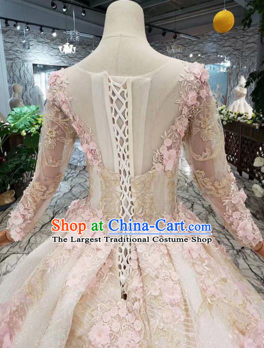 Customize Embroidered Pink Flowers Veil Trailing Full Dress Top Grade Court Princess Waltz Dance Costume for Women