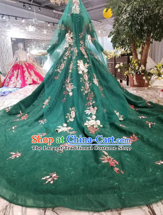 Customize Embroidered Green Veil Trailing Full Dress Top Grade Court Princess Waltz Dance Costume for Women