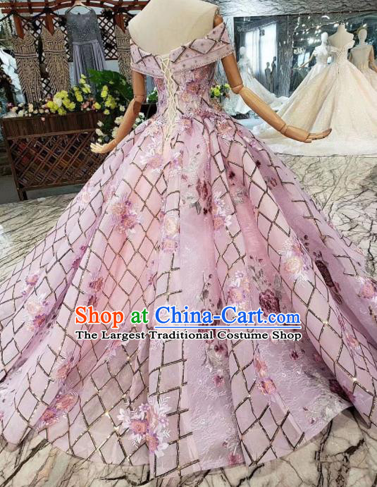Customize Embroidered Pink Veil Trailing Full Dress Top Grade Court Princess Waltz Dance Costume for Women