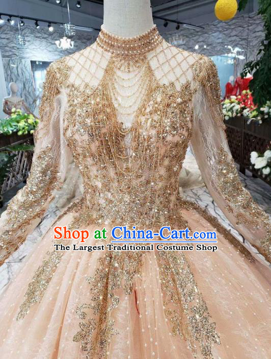 Customize Embroidered Beads Pink Trailing Full Dress Top Grade Court Princess Waltz Dance Costume for Women