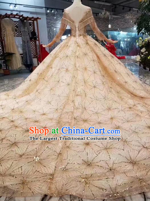 Customize Embroidered Yellow Veil Trailing Full Dress Top Grade Court Princess Waltz Dance Costume for Women