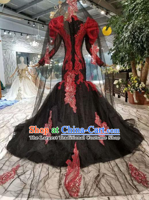 Top Grade Customize Catwalks Black Veil Mermaid Full Dress Court Princess Waltz Dance Costume for Women