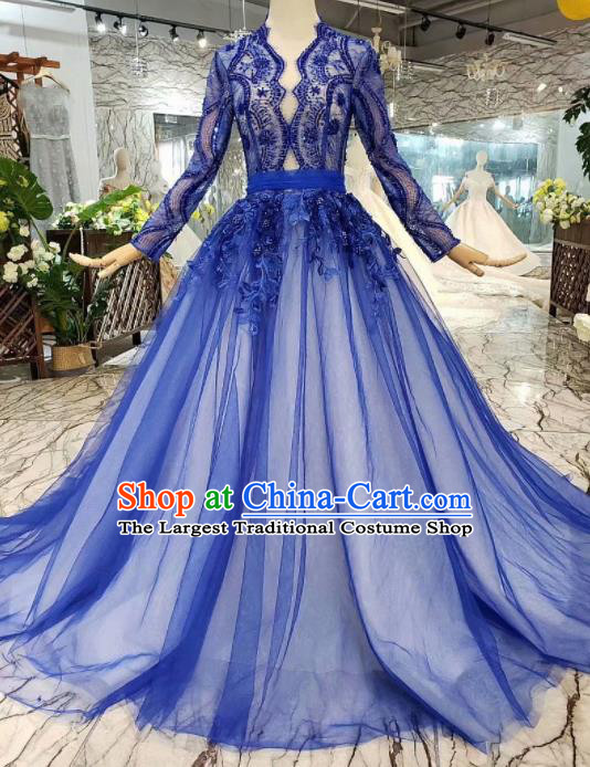 Customize Embroidered Royalblue Veil Full Dress Top Grade Court Princess Waltz Dance Costume for Women