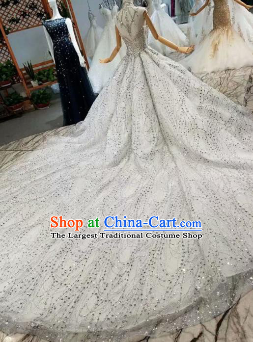 Top Grade Customize Modern Fancywork Grey Veil Trailing Full Dress Court Princess Waltz Dance Costume for Women